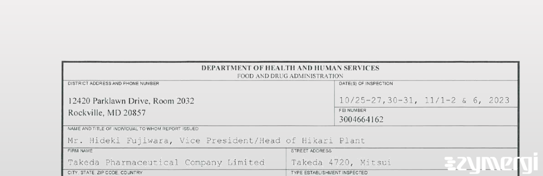 FDANews 483 Takeda Pharmaceutical Company Limited Nov 6 2023 top
