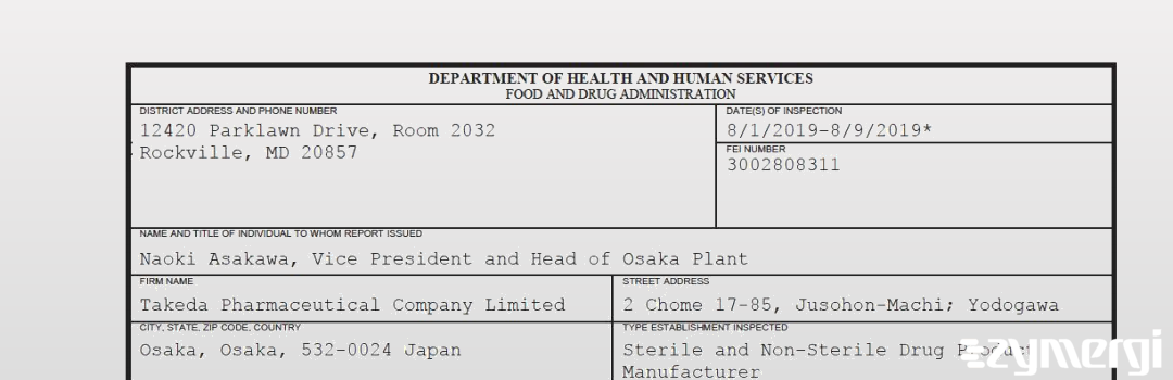 FDANews 483 Takeda Pharmaceutical Company Limited Aug 9 2019 top