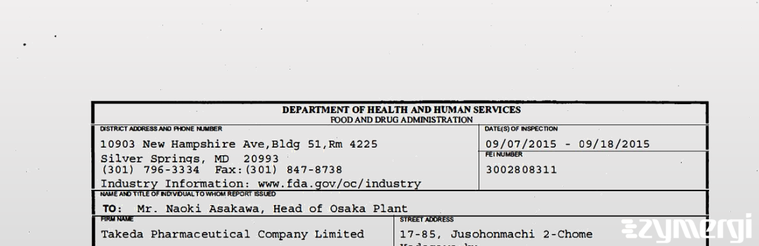 FDANews 483 Takeda Pharmaceutical Company Limited Sep 18 2015 top