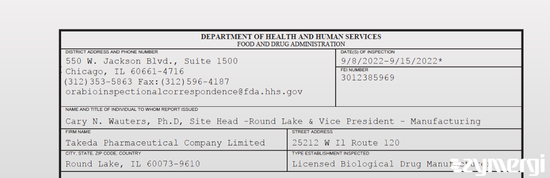 FDANews 483 Takeda Pharmaceutical Company Limited Sep 15 2022 top