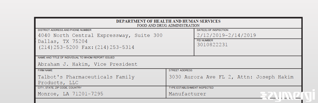 FDANews 483 Talbot's Pharmaceuticals Family Products, LLC Feb 14 2019 top