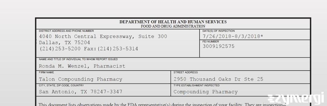 FDANews 483 Talon Compounding Pharmacy Aug 3 2018 top