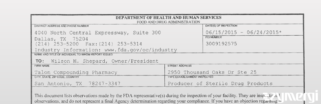 FDANews 483 Talon Compounding Pharmacy Jun 24 2015 top