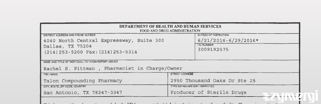 FDANews 483 Talon Compounding Pharmacy Jun 29 2016 top