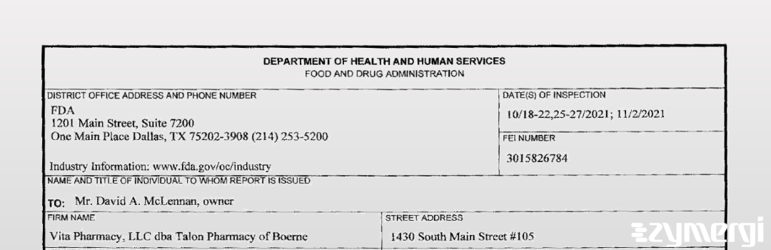 FDANews 483 Talon Pharmacy of Boerne Nov 2 2021 top