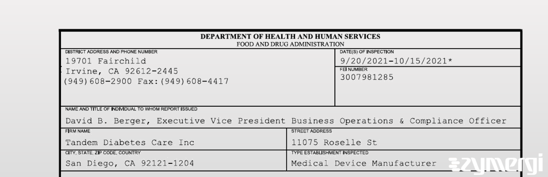 FDANews 483 Tandem Diabetes Care, INC. Oct 15 2021 top