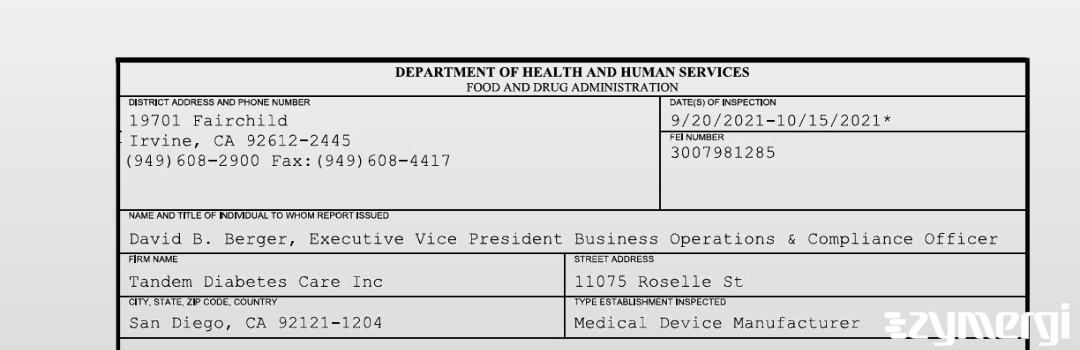 FDANews 483 Tandem Diabetes Care, INC. Oct 15 2021 top