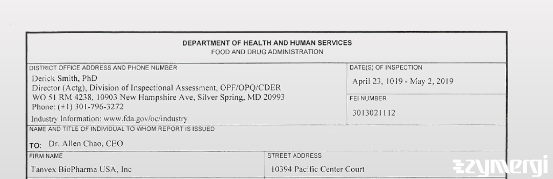 FDANews 483 Tanvex BioPharma USA, Inc May 2 2019 top