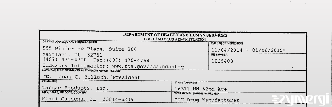 FDANews 483 Tarmac Products, Inc. Jan 8 2015 top