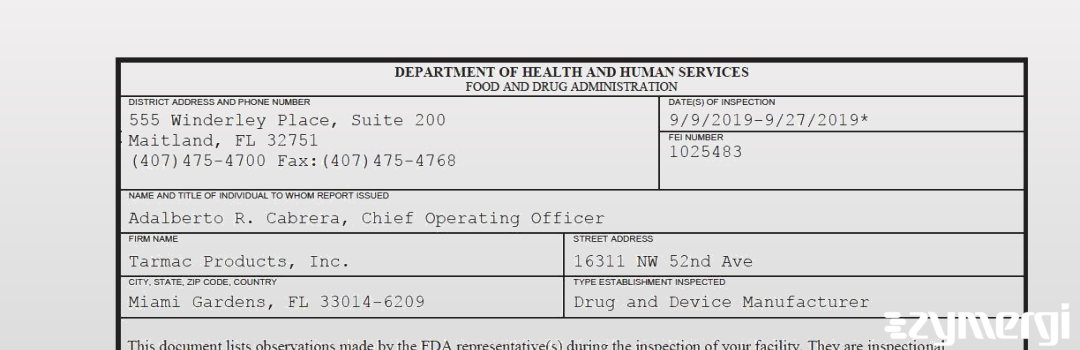 FDANews 483 Tarmac Products, Inc. Sep 27 2019 top