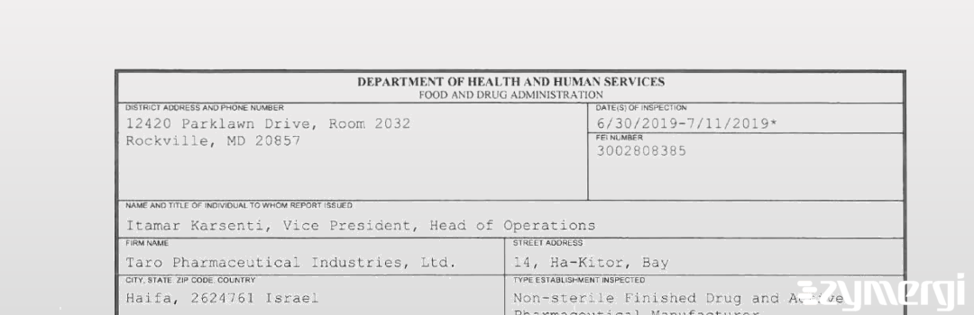 FDANews 483 Taro Pharmaceutical Industries, Ltd. Jul 11 2019 top