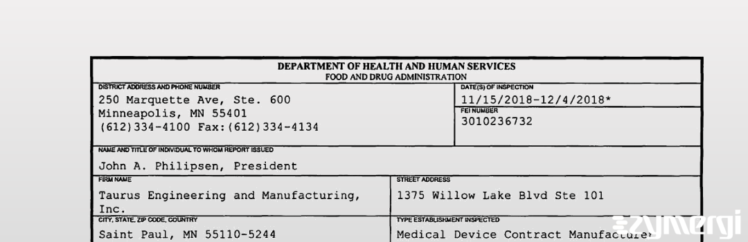 FDANews 483 Taurus Engineering and Manufacturing, Inc. Dec 4 2018 top