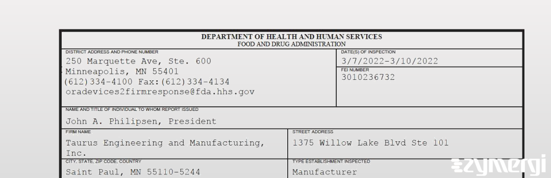 FDANews 483 Taurus Engineering and Manufacturing, Inc. Mar 10 2022 top