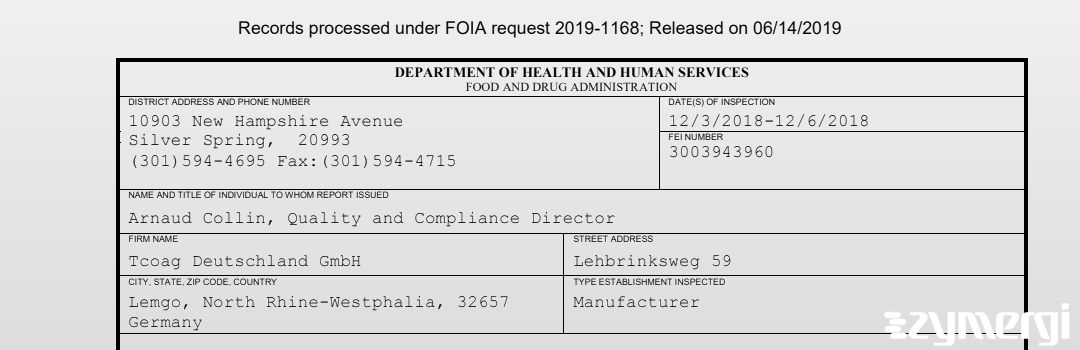 FDANews 483 Tcoag Deutschland GmbH Dec 6 2018 top