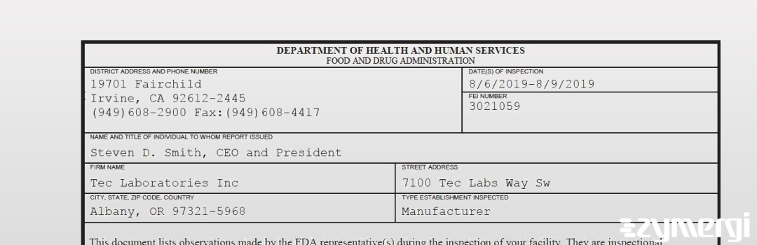 FDANews 483 Tec Laboratories, Inc. Aug 9 2019 top