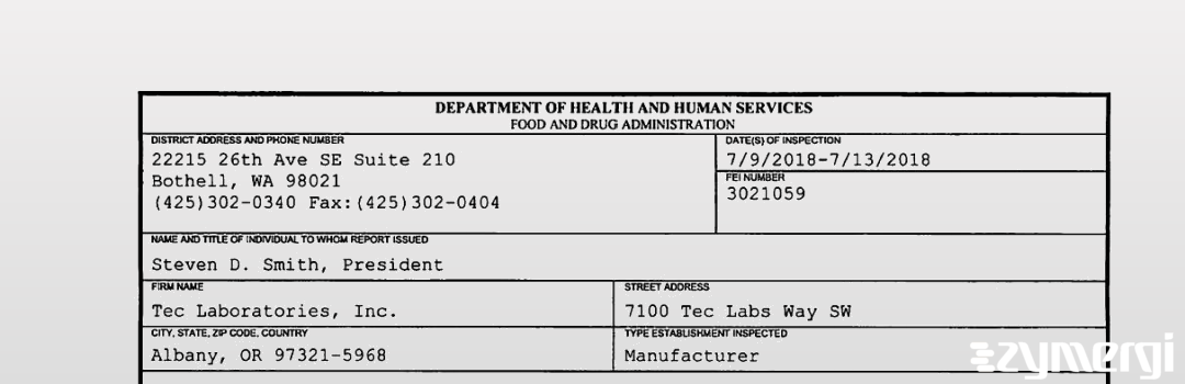 FDANews 483 Tec Laboratories, Inc. Jul 13 2018 top