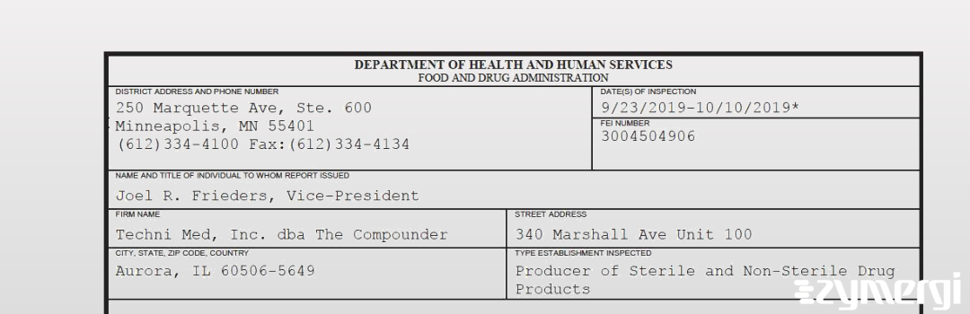 FDANews 483 Techni Med, Inc. dba The Compounder Oct 10 2019 top