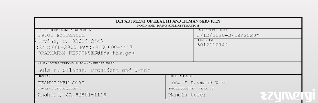 FDANews 483 TECHNICHEM CORP Mar 18 2020 top