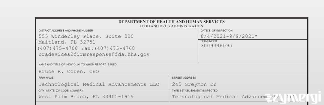 FDANews 483 Technological Medical Advancements LLC Sep 9 2021 top