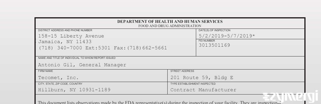 FDANews 483 Tecomet Inc. May 7 2019 top