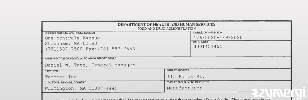 FDANews 483 Tecomet Inc. Jan 9 2020 top