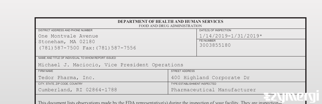 FDANews 483 Tedor Pharma, Inc. Jan 31 2019 top