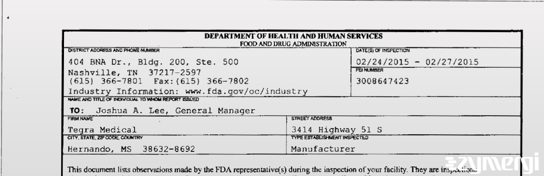 FDANews 483 Tegra Medical, LLC Feb 27 2015 top