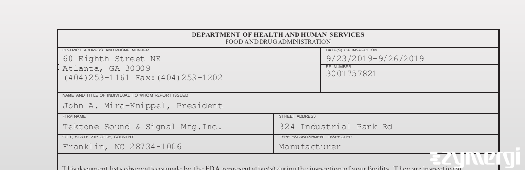 FDANews 483 Tektone Sound & Signal Mfg.Inc. Sep 26 2019 top