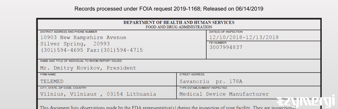 FDANews 483 TELEMED Dec 13 2018 top