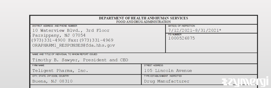 FDANews 483 Teligent Pharma, Inc. Aug 31 2021 top