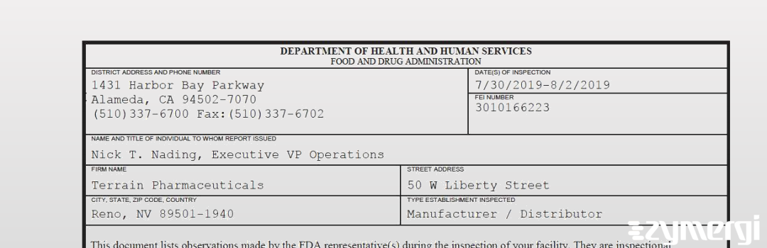 FDANews 483 Terrain Pharmaceuticals Aug 2 2019 top