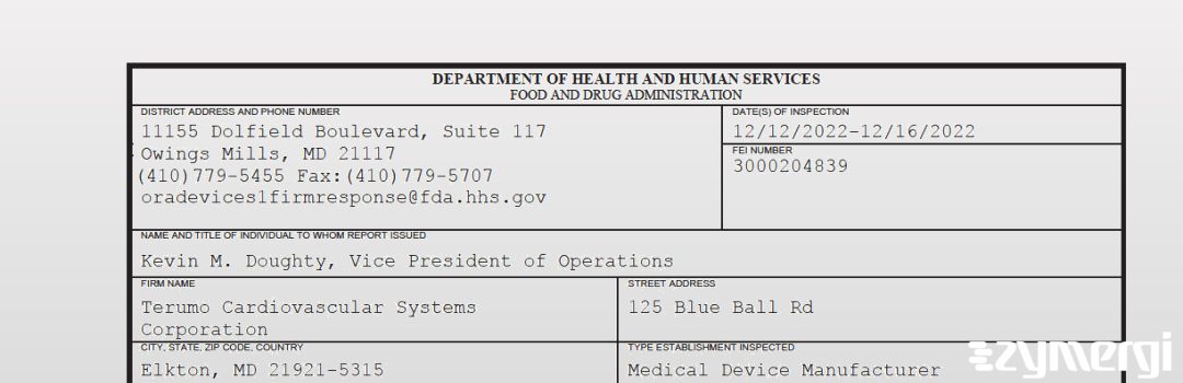 FDANews 483 Terumo Cardiovascular Systems Corporation Dec 16 2022 top