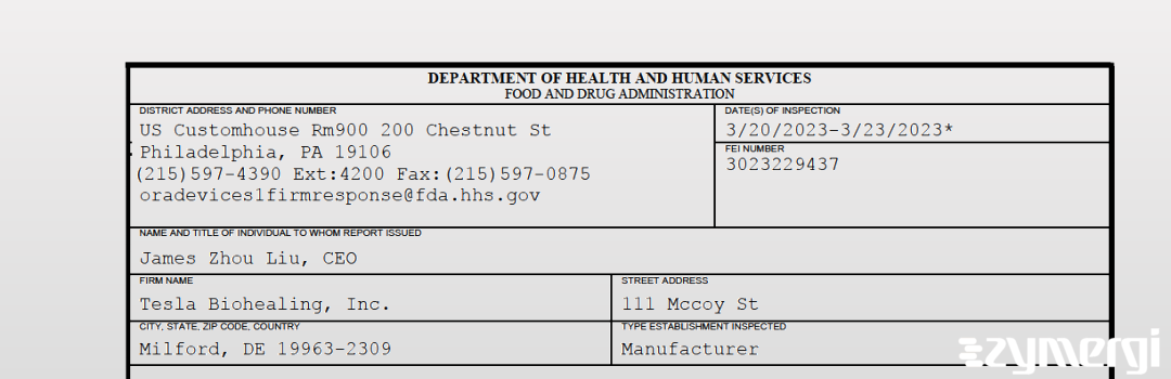 FDANews 483 Tesla Biohealing, Inc. Mar 23 2023 top