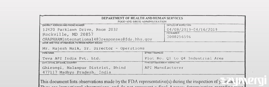 FDANews 483 Teva API India Ltd- Malanpur Apr 16 2019 top