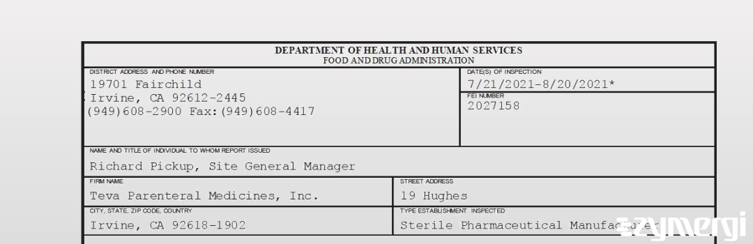 FDANews 483 Teva Parenteral Medicines, Inc. Aug 20 2021 top