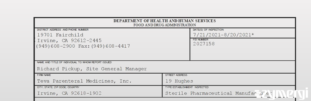 FDANews 483 Teva Parenteral Medicines, Inc. Aug 20 2021 top