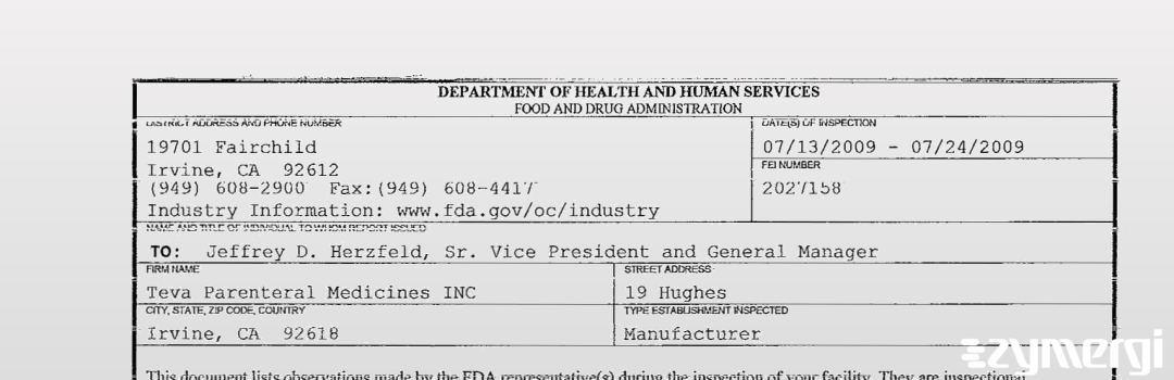 FDANews 483 Teva Parenteral Medicines, Inc. Jul 24 2009 top