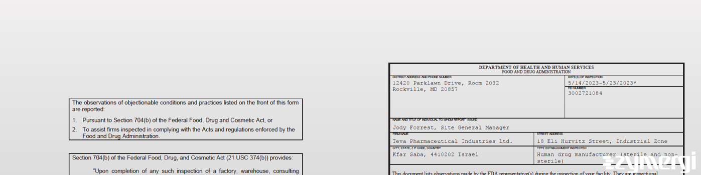 FDANews 483 Teva Pharmaceutical Industries Ltd. May 23 2023 top