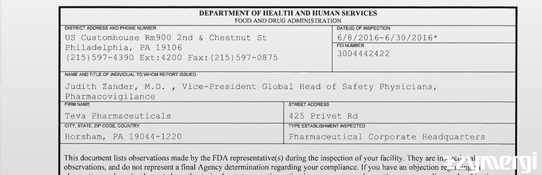 FDANews 483 Teva Pharmaceuticals Jun 30 2016 top