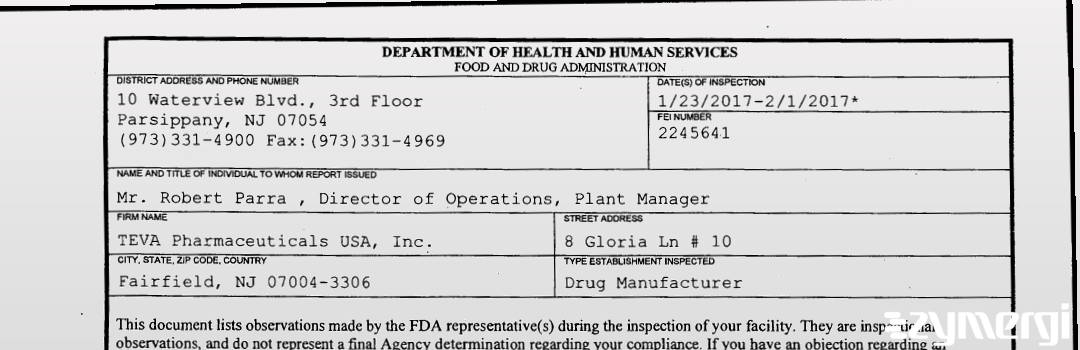 FDANews 483 Teva Pharmaceuticals USA Inc Feb 1 2017 top