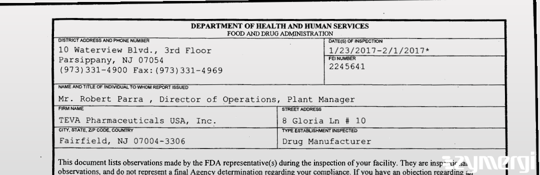FDANews 483 Teva Pharmaceuticals USA Inc Feb 1 2017 top