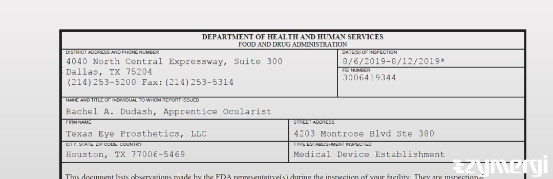 FDANews 483 Texas Eye Prosthetics, LLC Aug 12 2019 top