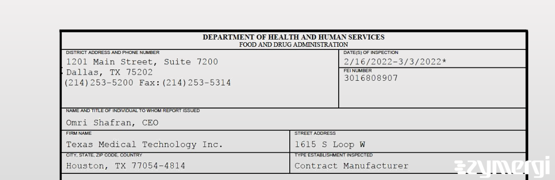 FDANews 483 Texas Medical Technology Inc. Mar 3 2022 top