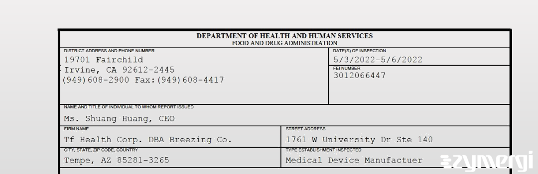 FDANews 483 Tf Health Corp. DBA Breezing Co. May 6 2022 top