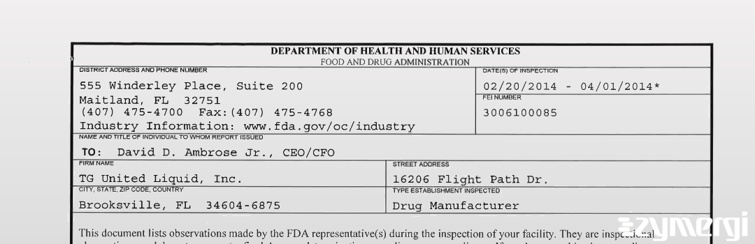 FDAzilla 483 TG United Labs, LLC Apr 1 2014 top