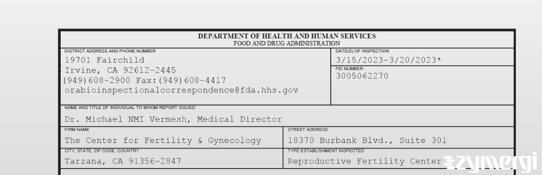 FDANews 483 The Center for Fertility & Gynecology Mar 20 2023 top