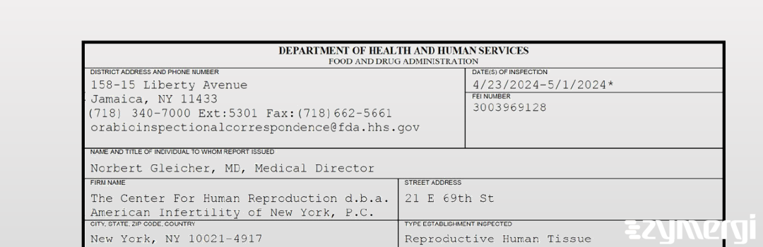 FDANews 483 The Center For Human Reproduction d.b.a. American Infertility of New York, P.C. May 1 2024 top