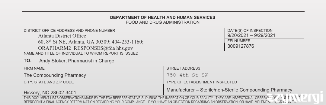 FDANews 483 The Compounding Pharmacy Sep 29 2021 top