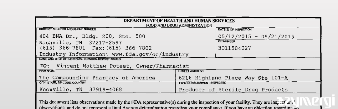 FDANews 483 The Compounding Pharmacy of America May 21 2015 top