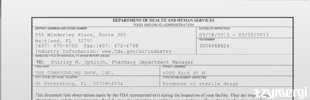 FDANews 483 The Compounding Shop, Inc. Mar 22 2013 top